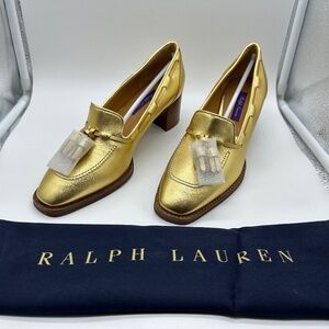 Ralph Lauren Purple Label Heels Gold Metallic Nappa Size 37.5B Brand New